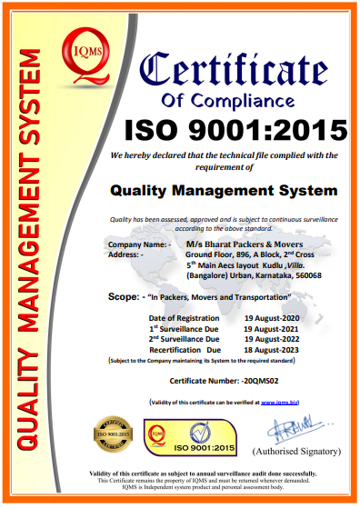 Bharat Packers and Movers - ISO Certificate